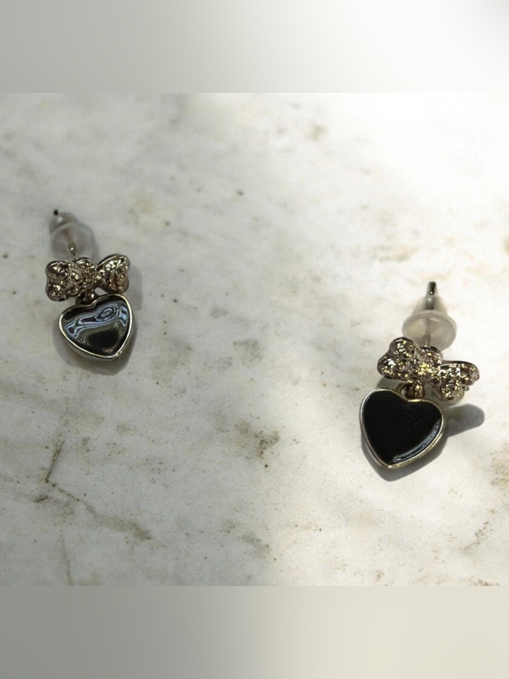 Silver Tone Bow and Black Heart Stud Earrings